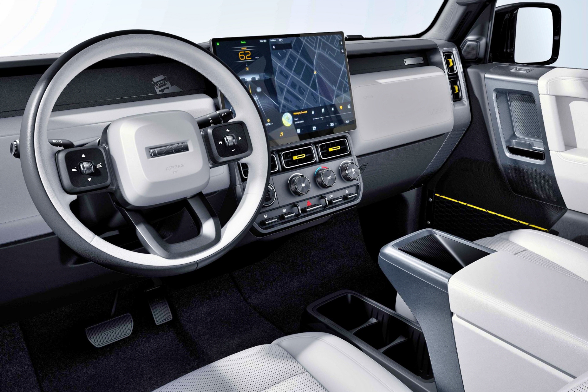 Un vistazo al interior del iCar, con una pantalla moderna y asientos confortables.