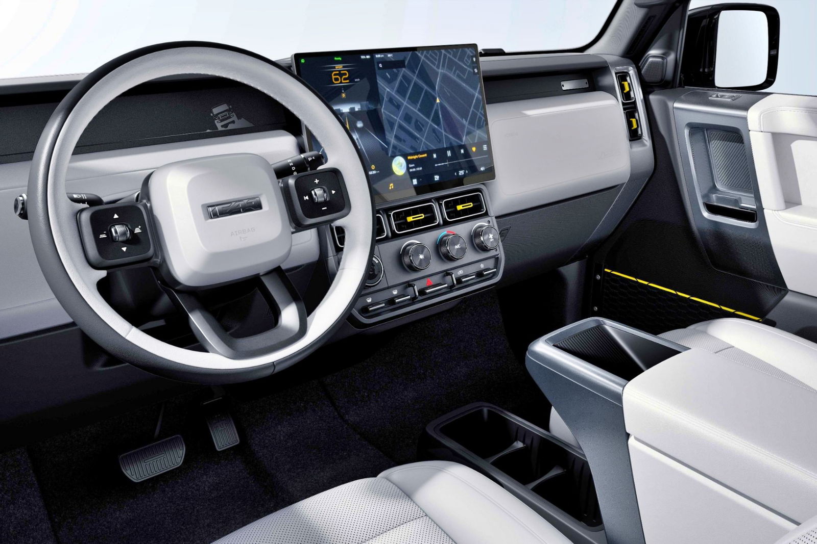 Un vistazo al interior del iCar, con una pantalla moderna y asientos confortables.