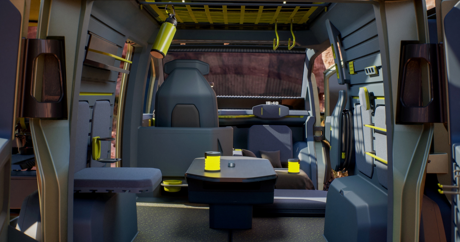Kia EV9 Concept, espacio futurista con asientos modulares y mesa central.