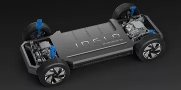 Vista del chasis del Mahindra BE 63, mostrando su diseño y componentes técnicos.