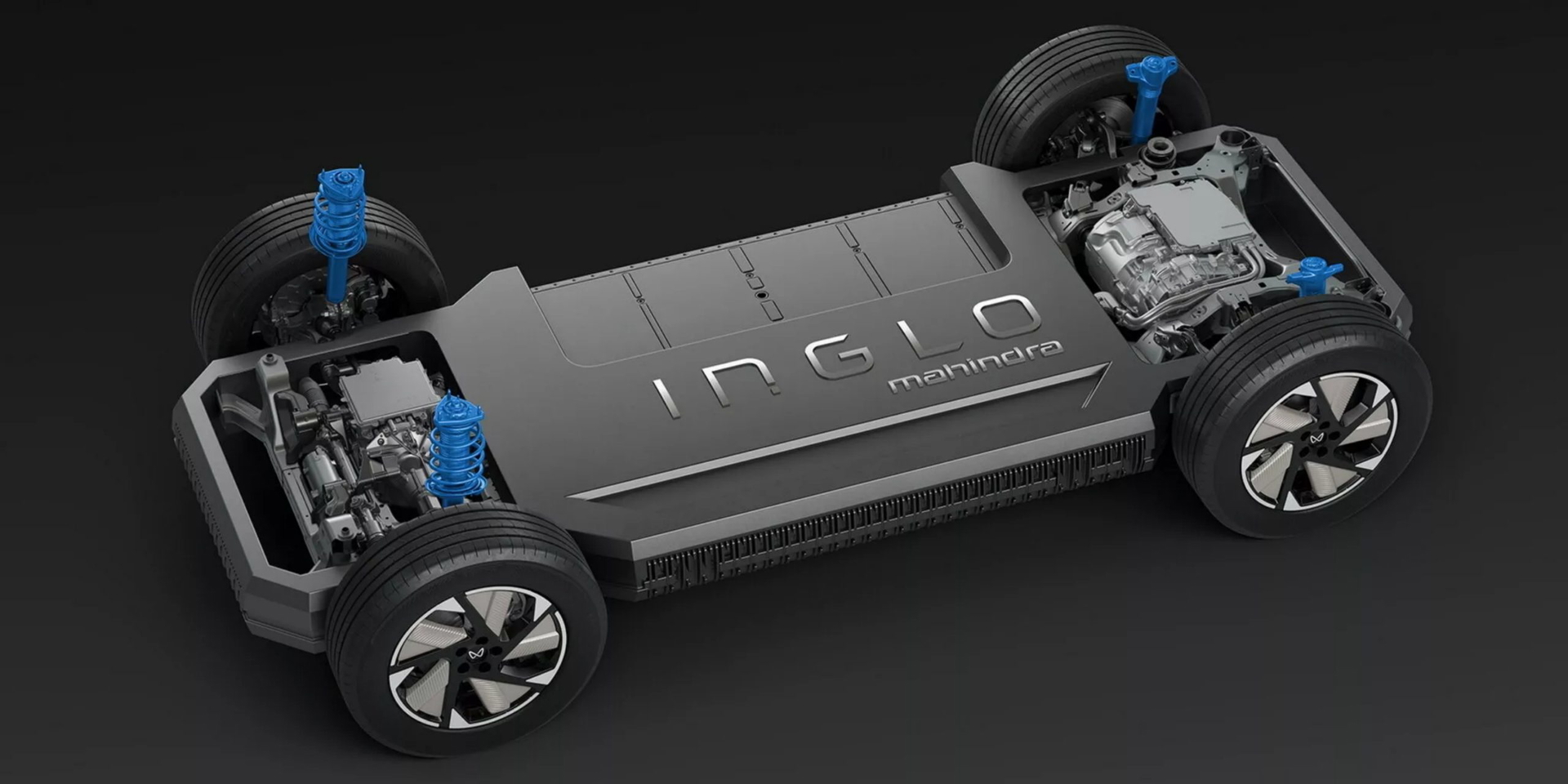 Vista del chasis del Mahindra BE 63, mostrando su diseño y componentes técnicos.