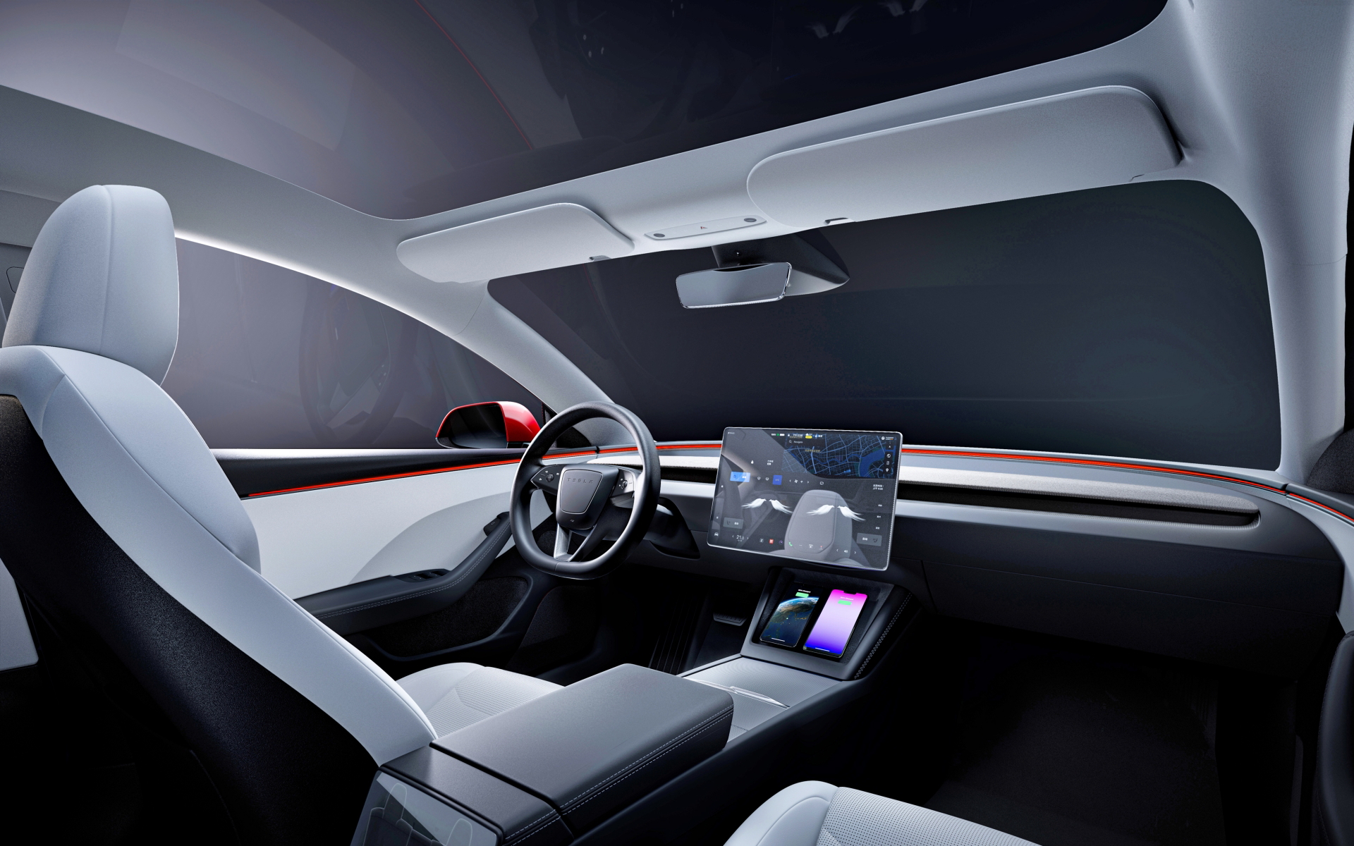 Interior minimalista y moderno del Model 3, resaltando sus tecnologías de conducción.