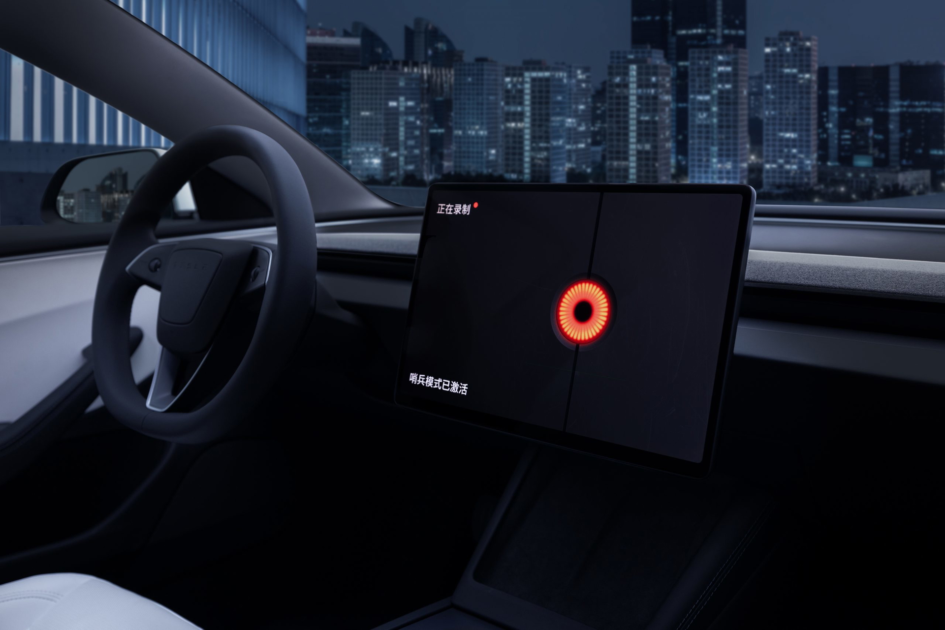 Pantalla central del Model 3 muestra interfaz de usuario en un entorno urbano nocturno.