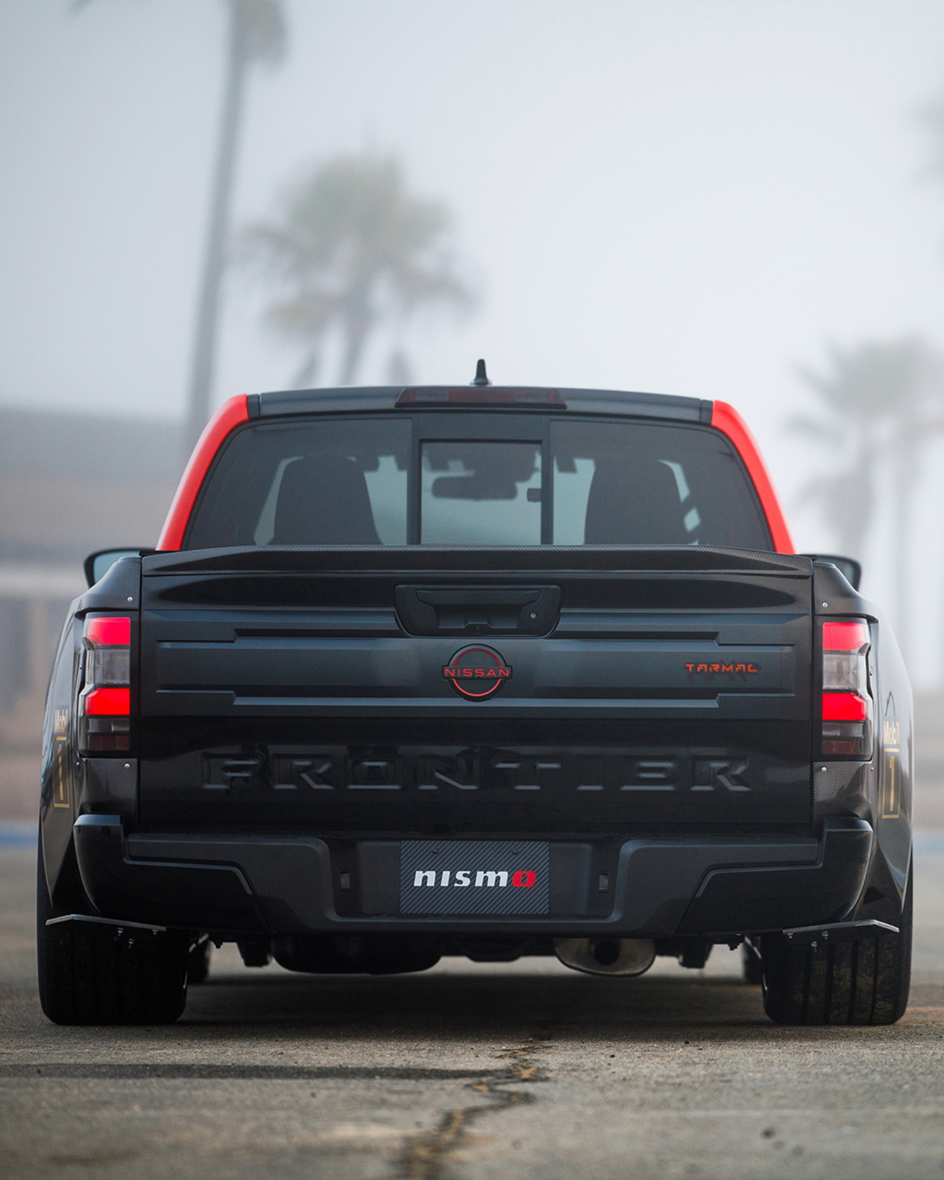 Vista trasera del Nissan Frontier destacando su robustez y diseño en asfalto