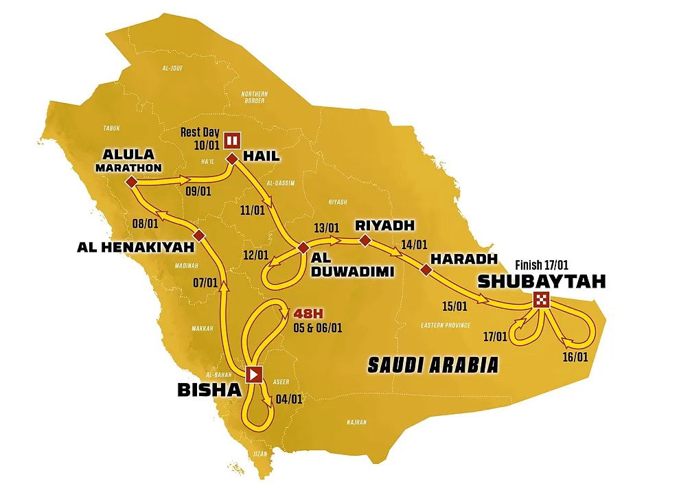 Mapa del recorrido del Rally Dakar 2025 etapa a etapa, con detalles de las principales paradas.