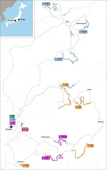 Mapa del Rally de Japón 2024, con rutas y tramos destacados. Mapa del Rally de Japón 2024, con rutas y tramos destacados.