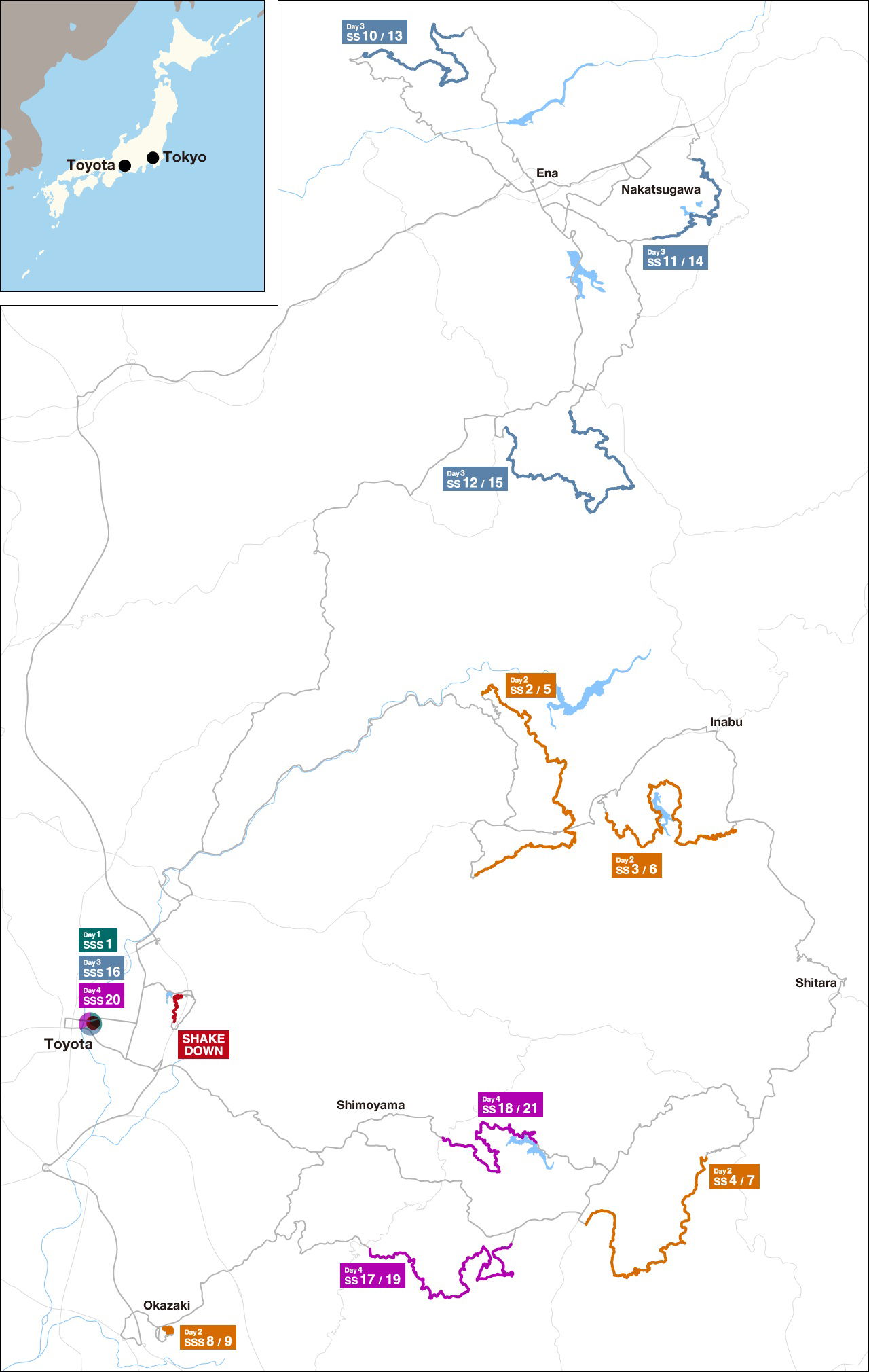 Mapa del Rally de Japón 2024, con rutas y tramos destacados.