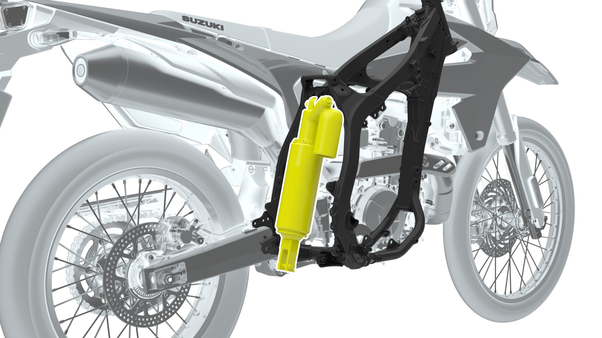 Detalles del chasis y suspensión de la Suzuki DR-Z4SM, mostrando su estructura robusta.