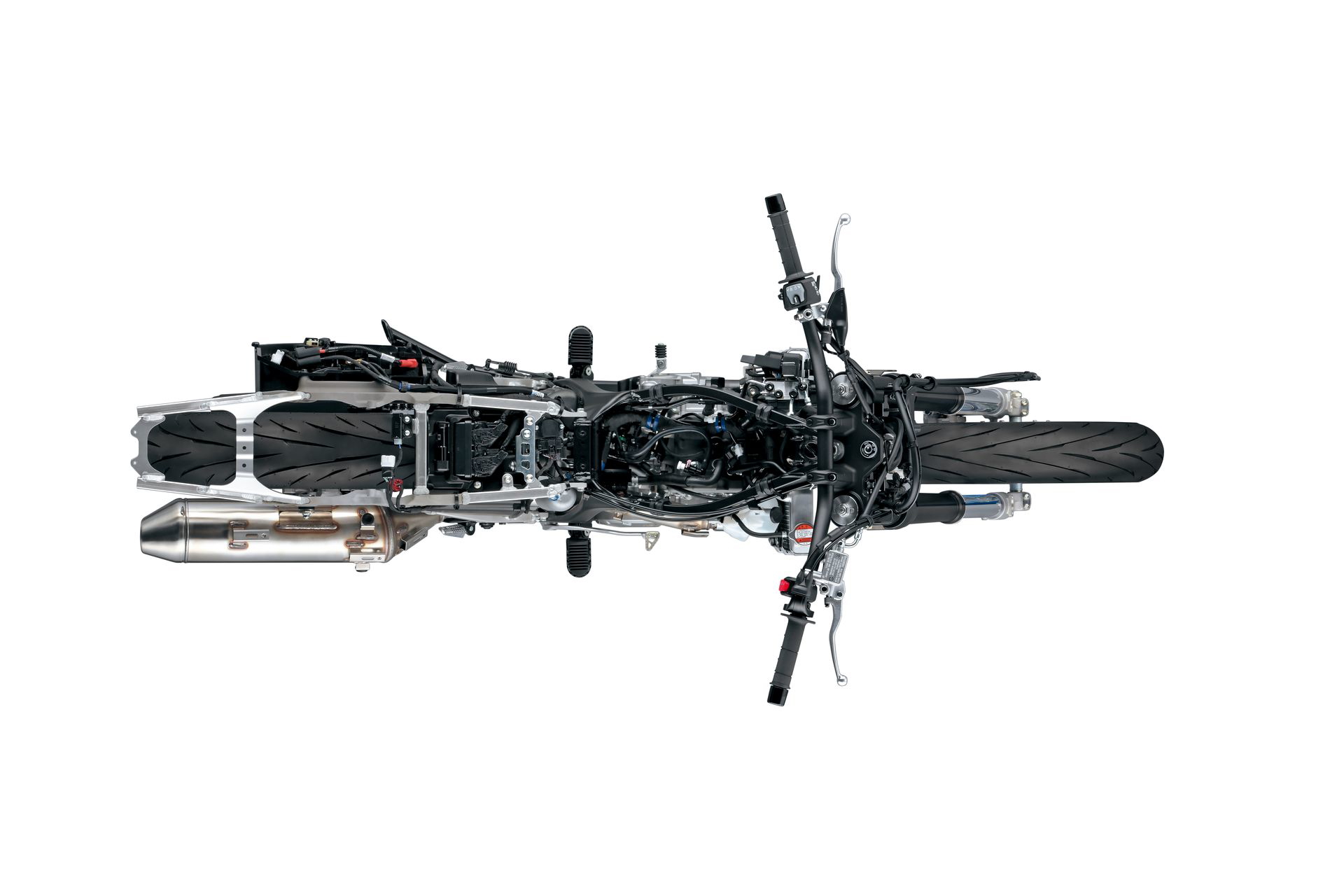 Vista superior de la Suzuki DR-Z4SM, destacando su diseño agresivo y funcionalidad.