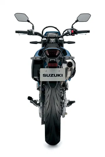 Vista trasera de la Suzuki DR-Z4SM, muestra detalles del diseño agresivo.