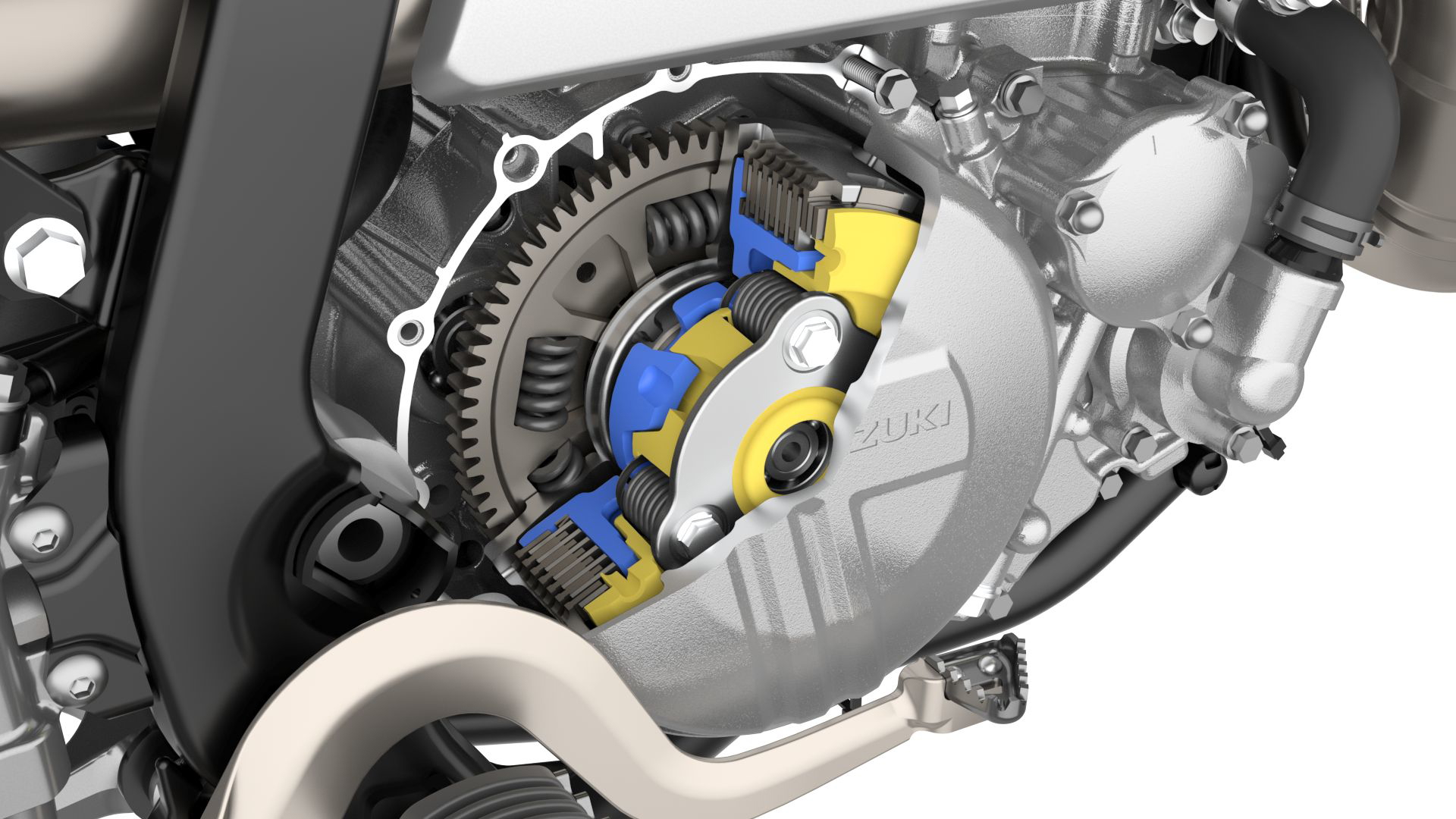 Vista del sistema de transmisión del SUZUKI DR-Z4SM, destacando su eficiencia.