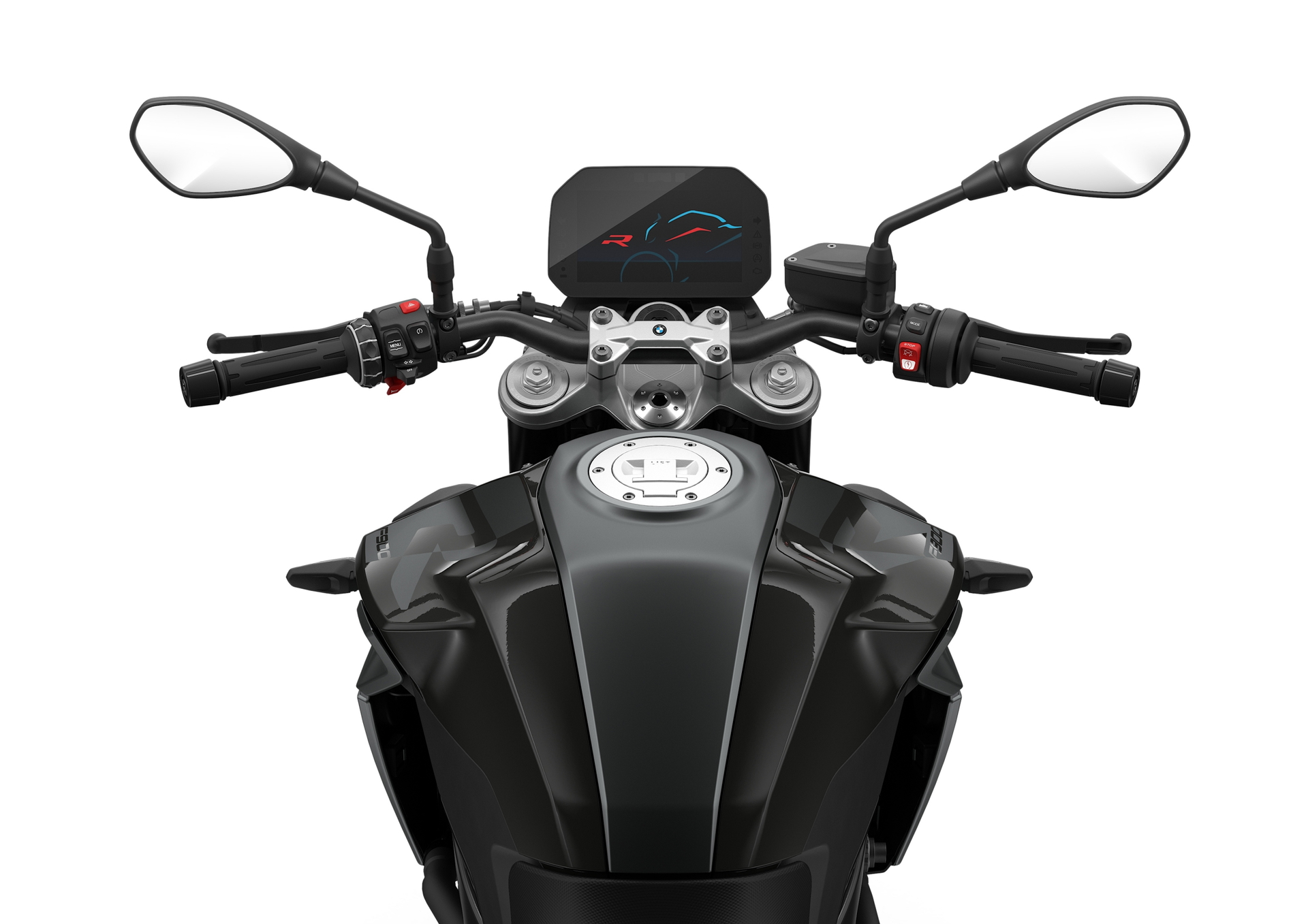 Vista del manillar y cuadro de mandos del BMW F 900 R, muestra de ergonomía y tecnología avanzada.