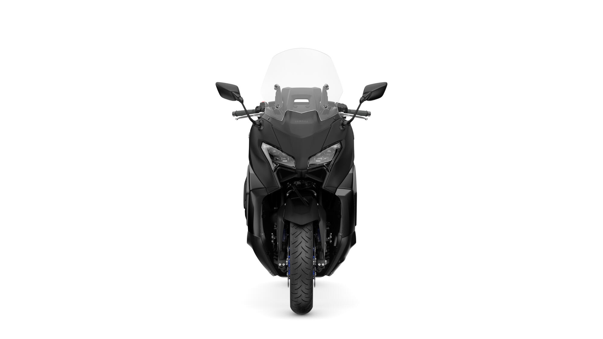 Vista frontal de la renovada Yamaha TMAX, diseño agresivo y moderno.