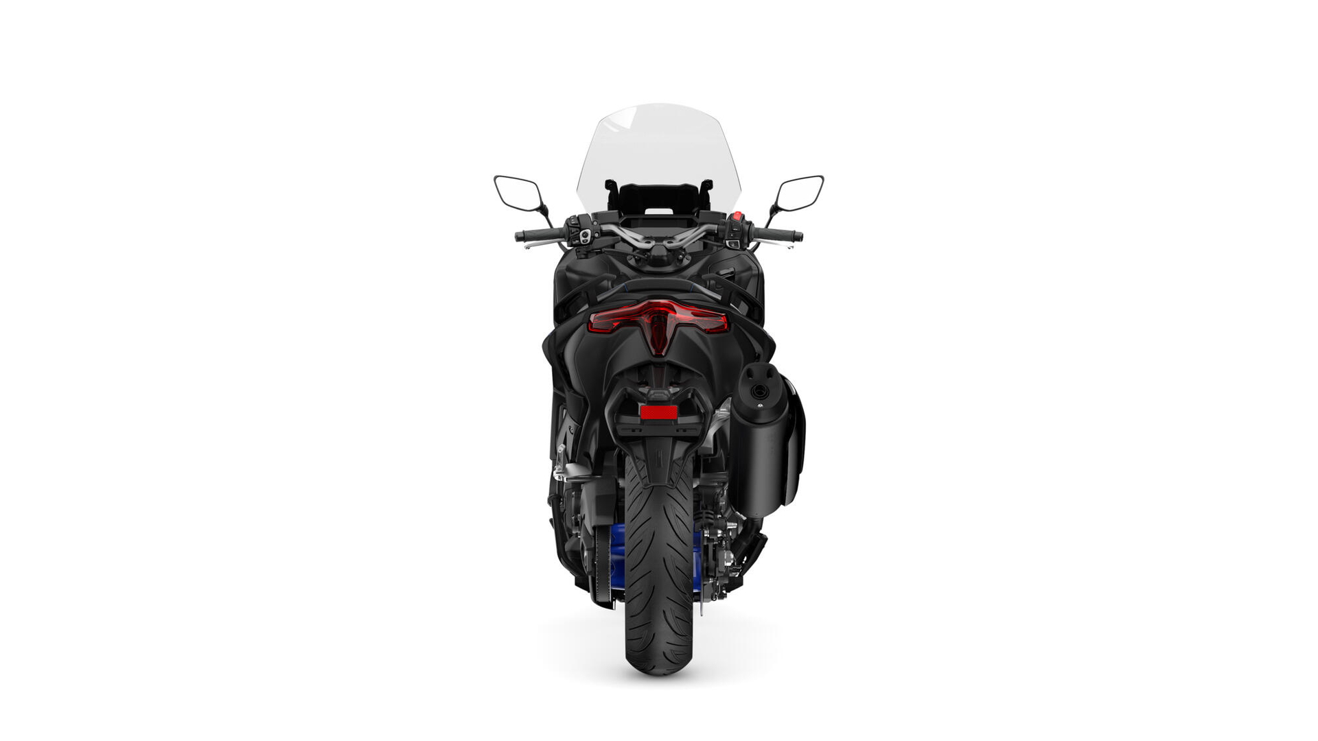 Vista trasera del Yamaha TMAX 2025, mostrando su diseño deportivo y colín aerodinámico.