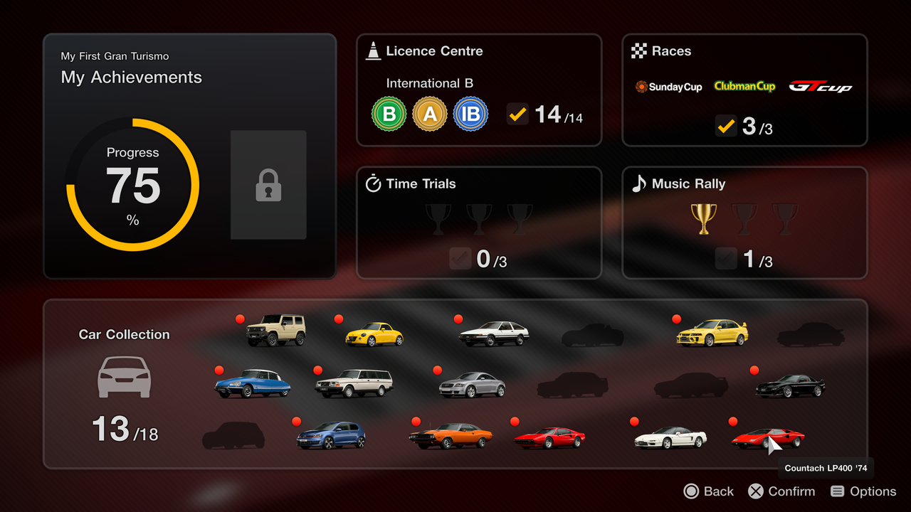 Interfaz de progreso en Gran Turismo, mostrando logros y colección de coches.