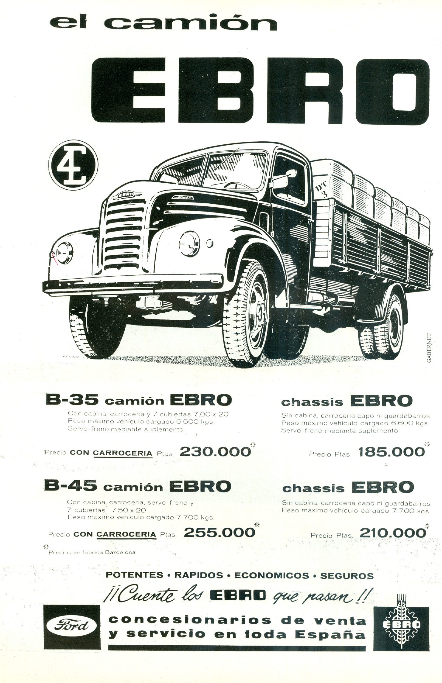 Anuncio clásico del camión Ebro, destacando sus características y precios.