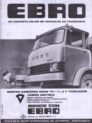 Anuncio clásico del camión Ebro, destacando su cabina abatible y capacidad de carga.