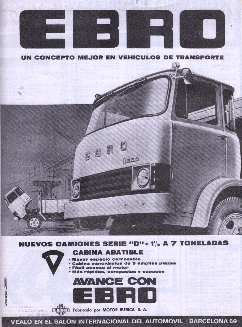 Anuncio clásico del camión Ebro, destacando su cabina abatible y capacidad de carga.