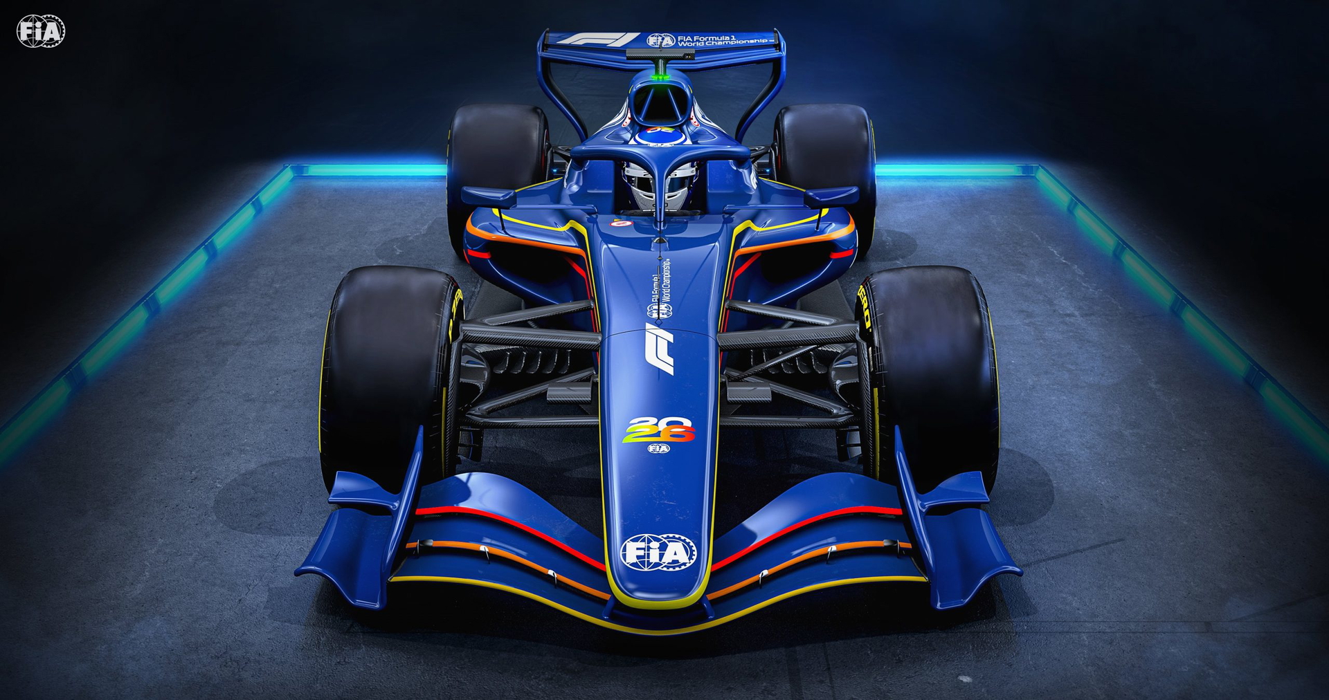 El coche muestra el nuevo diseño de la Fórmula 1 para 2026, con un estilo aerodinámico y agresivo.