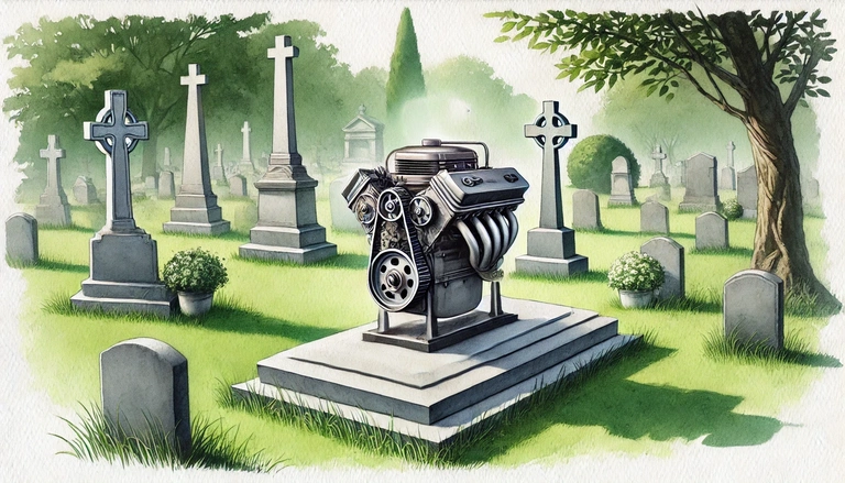 La imagen representa una simbólica tumba de motores de combustión interna, reflejando su inminente desaparición. La imagen representa una simbólica tumba de motores de combustión interna, reflejando su inminente desaparición.