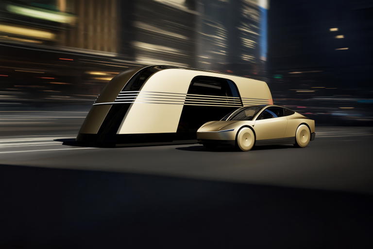 Revolucionario dise&ntilde;o del futuro Robotaxi de Tesla, destacando su aerodin&aacute;mica.