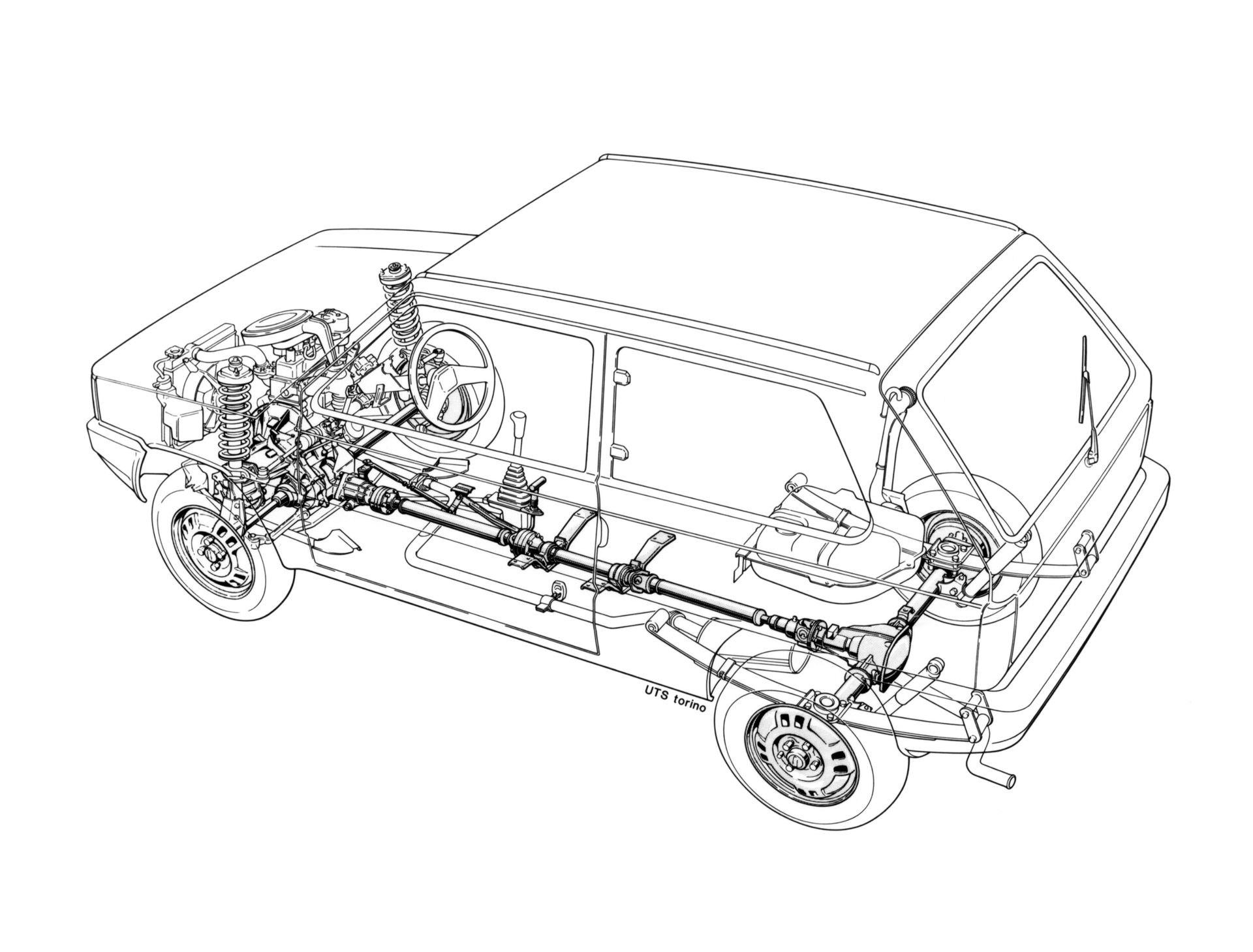 Esquema técnico que muestra la disposición del sistema 4x4 en el FIAT Panda.