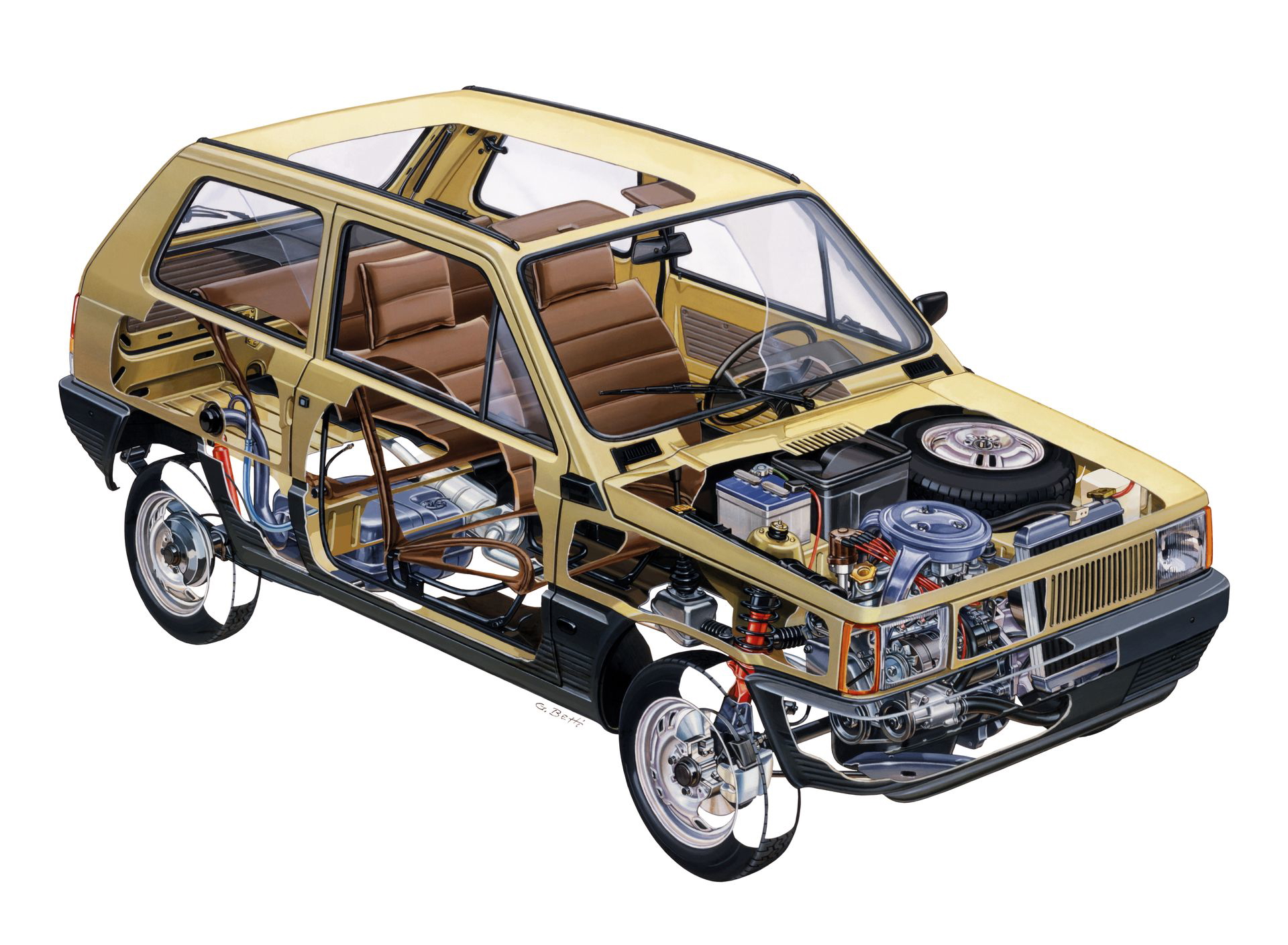 Vista desglosada del FIAT Panda 4x4, mostrando su ingenioso diseño interno.