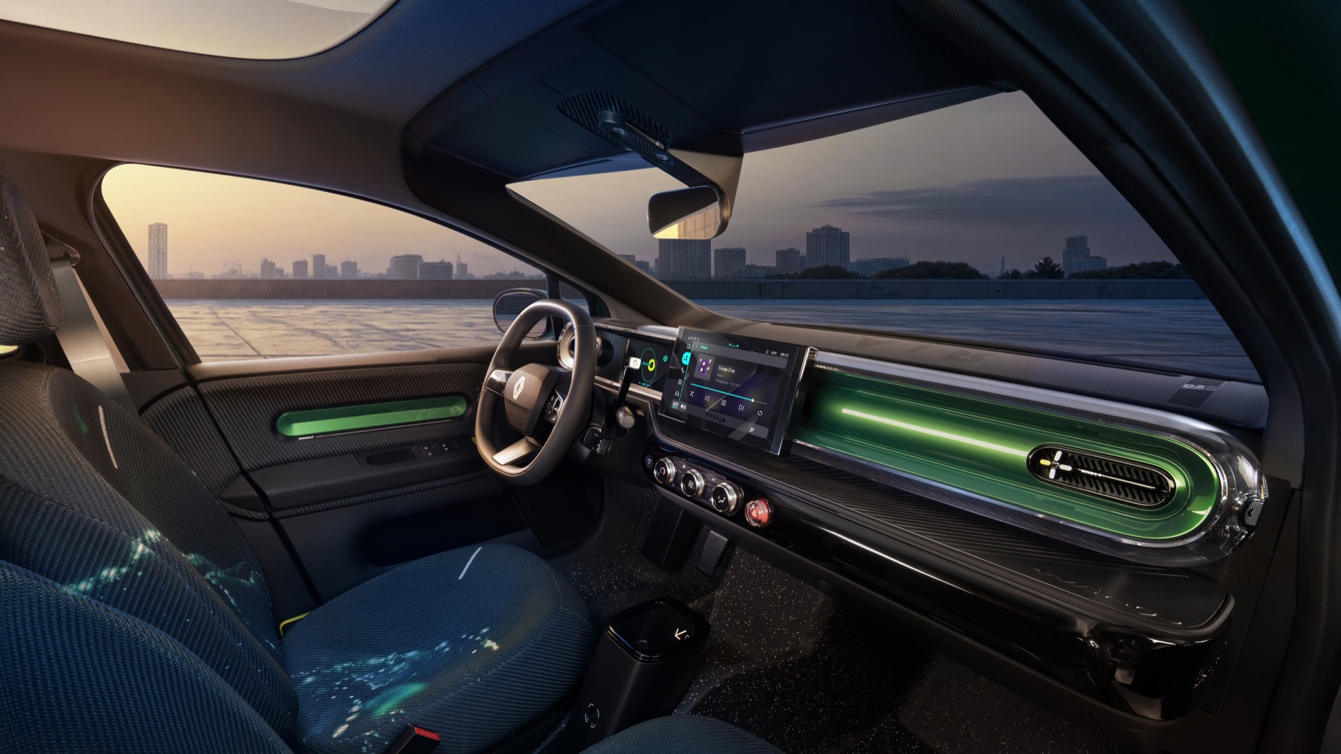 Interior del Renault Twingo 2025, con colores vibrantes y un diseño moderno.