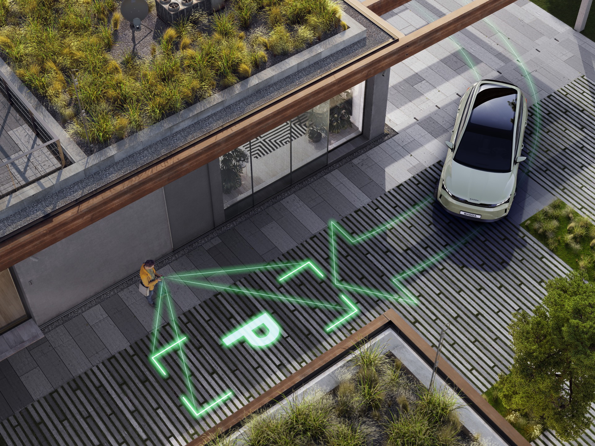 Vista lateral del Skoda Enyaq 2025 en un entorno urbano moderno.