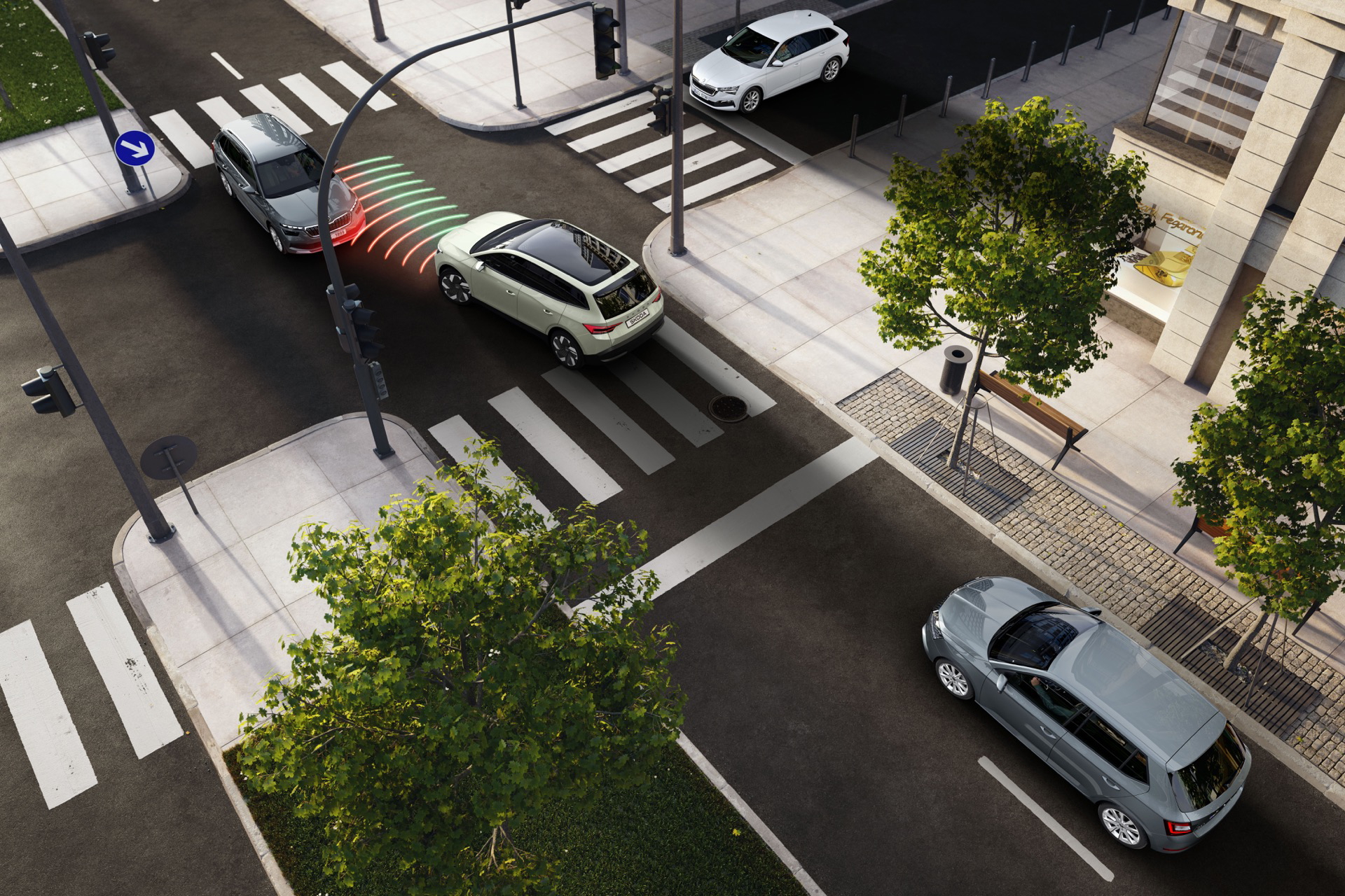Vista dinámica del Skoda Enyaq 2025 en un entorno urbano.