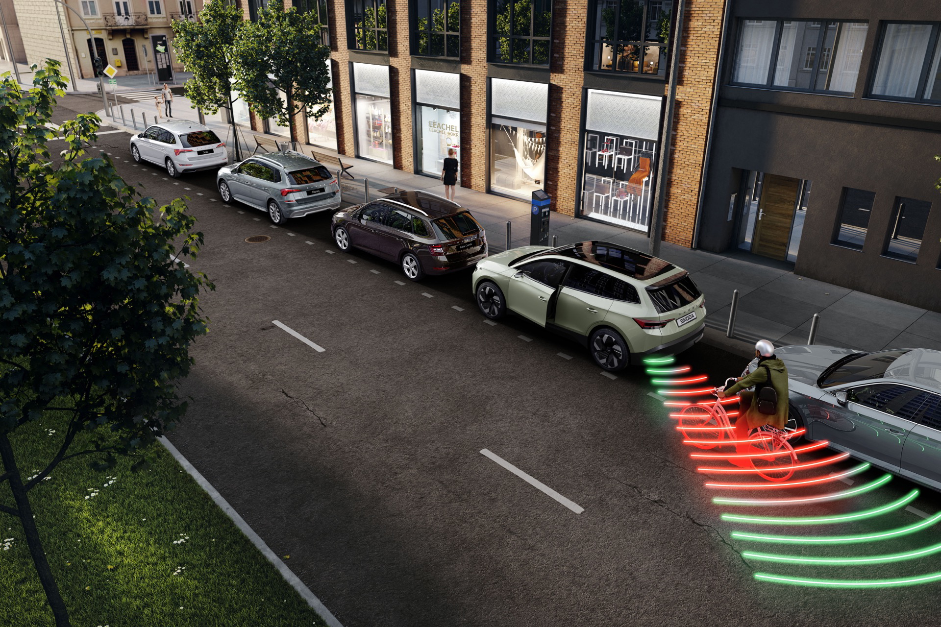 Vista lateral y trasera del Skoda Enyaq 2025, destaca su diseño moderno.