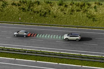 Vista superior del Skoda Enyaq 2025 en autopista, destacando su sistema de asistencia.