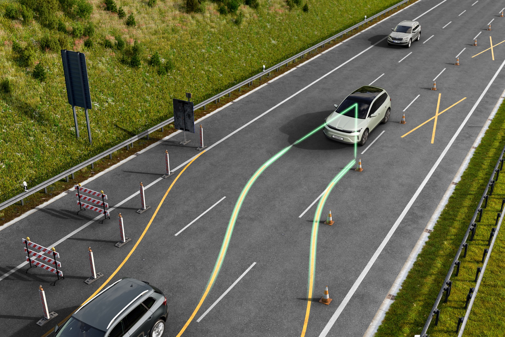 Vista del Skoda Enyaq 2025 en ruta, destacando su diseño moderno y aerodinámico.