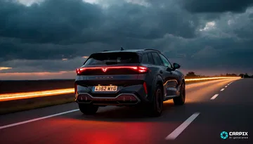 Vista trasera del nuevo Cupra Terramar en movimiento, elegante y dinámico.