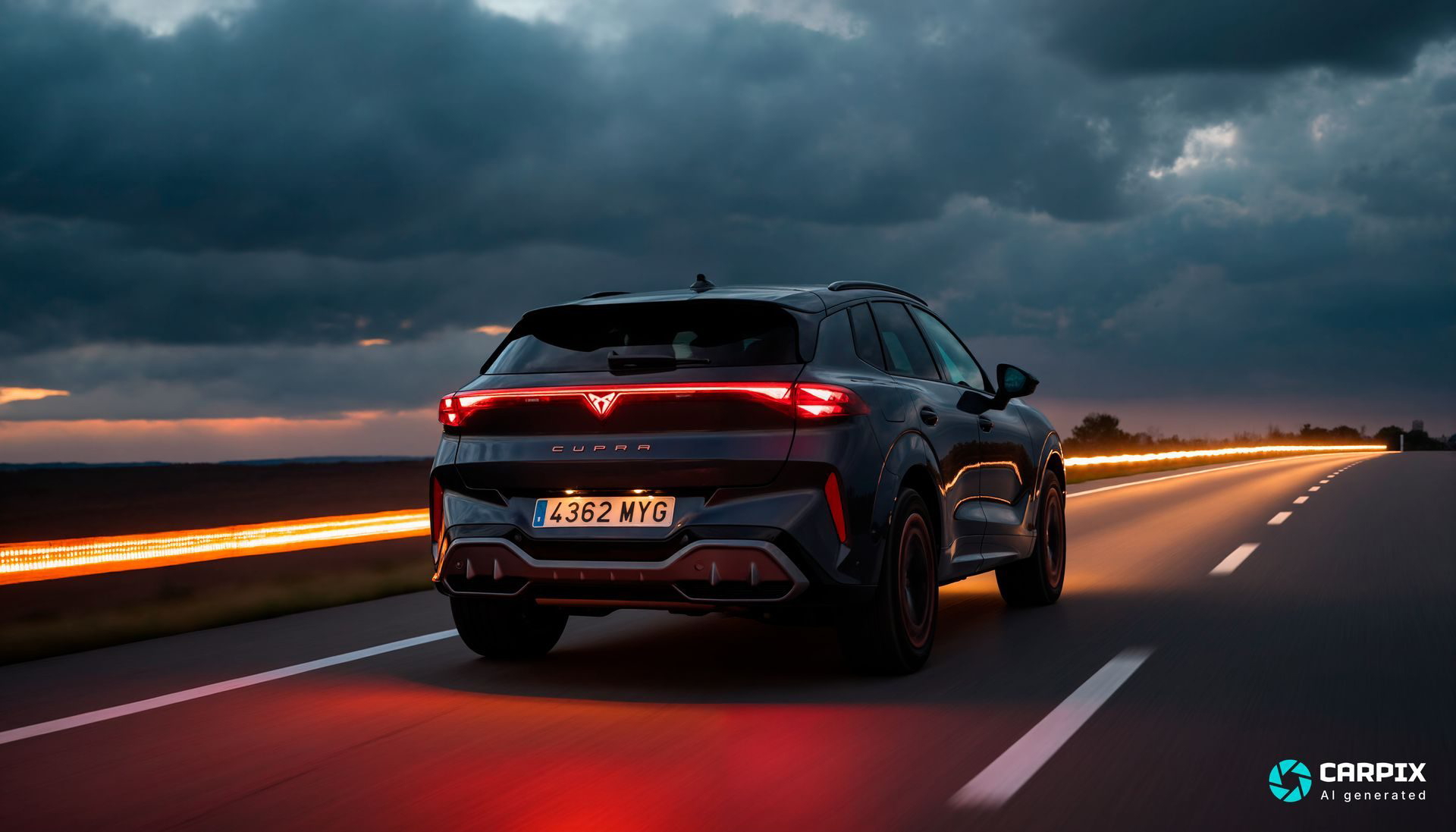 Vista trasera del nuevo Cupra Terramar en movimiento, elegante y dinámico.