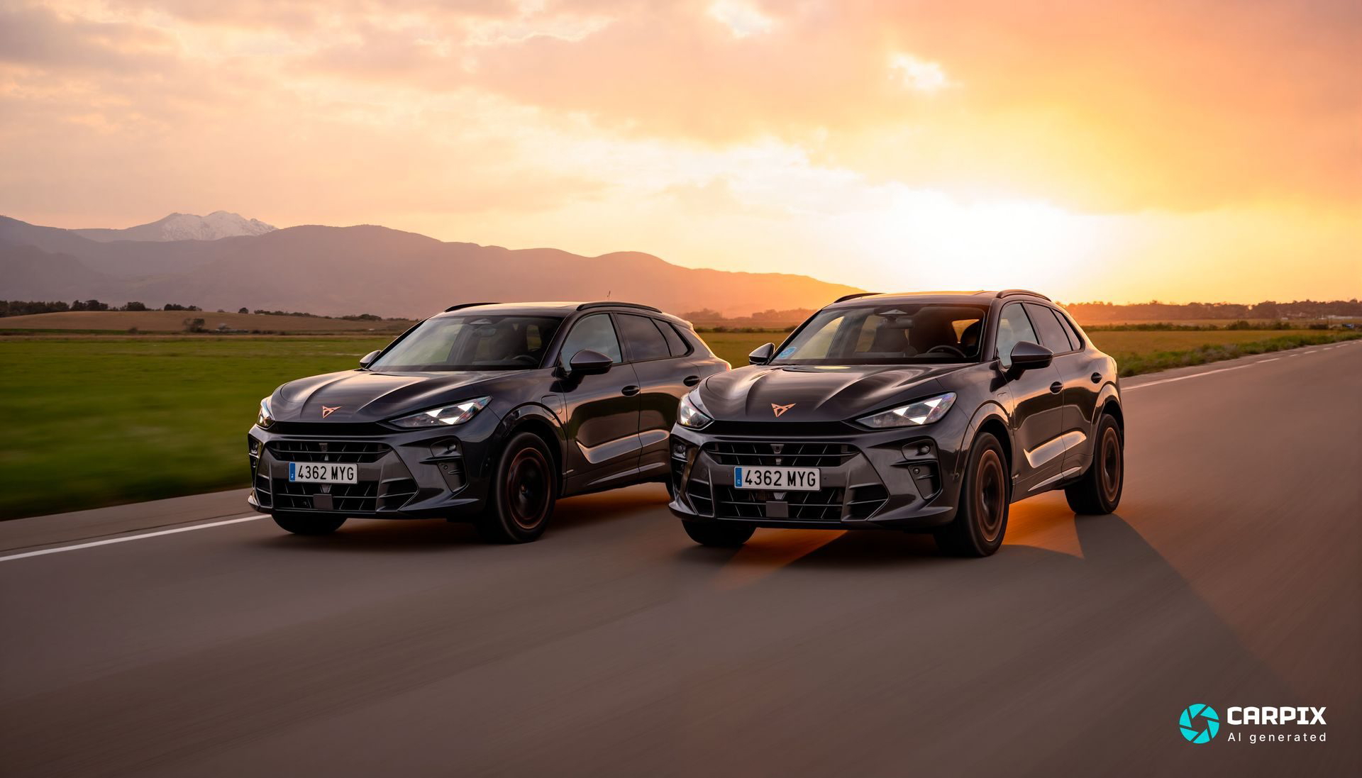 Dúo de Cupra Terramar mostrando su diseño deportivo y audaz al atardecer.