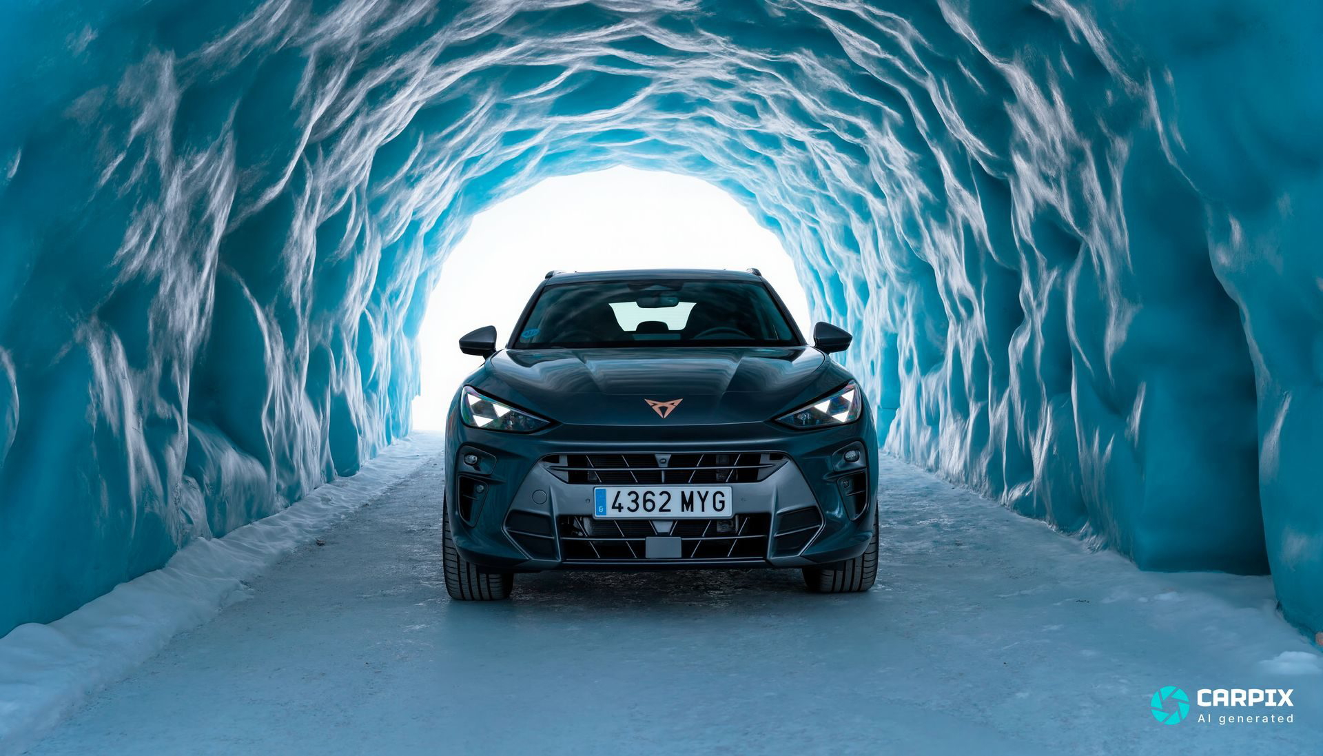 Vista frontal y lateral del Cupra Terramar en un entorno glaciar