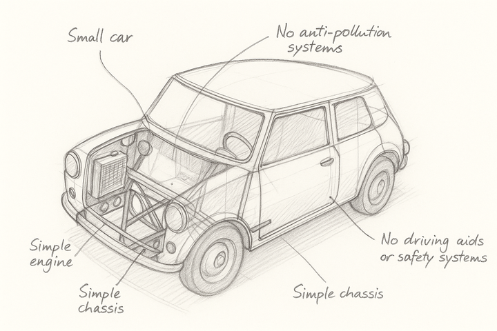 El boceto revela un coche con un diseño simple y carente de tecnología moderna.