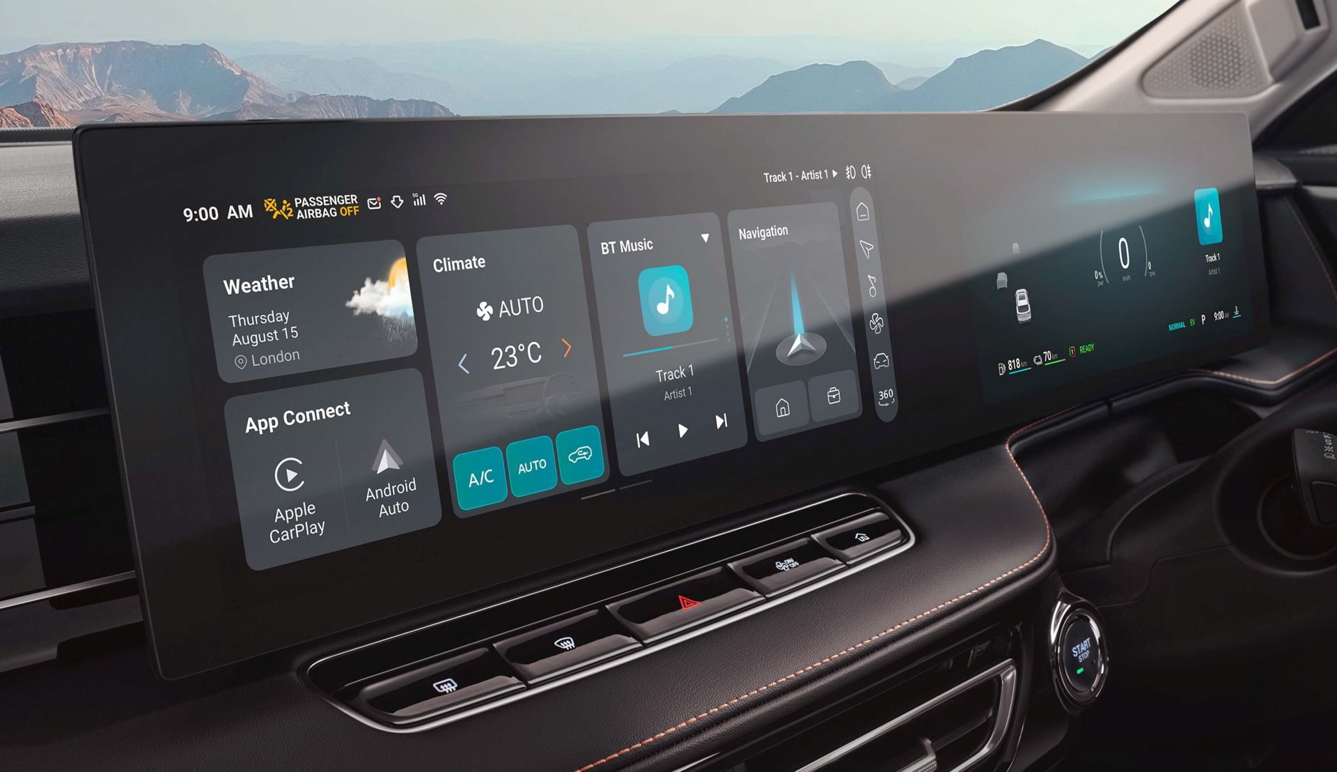 Pantalla panorámica que integra todas las funciones del vehicle, destacando su tecnología avanzada.