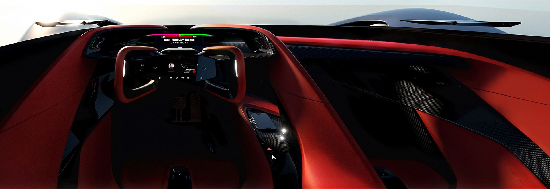 Interior del Corvette con acabados futuristas y tecnología avanzada.