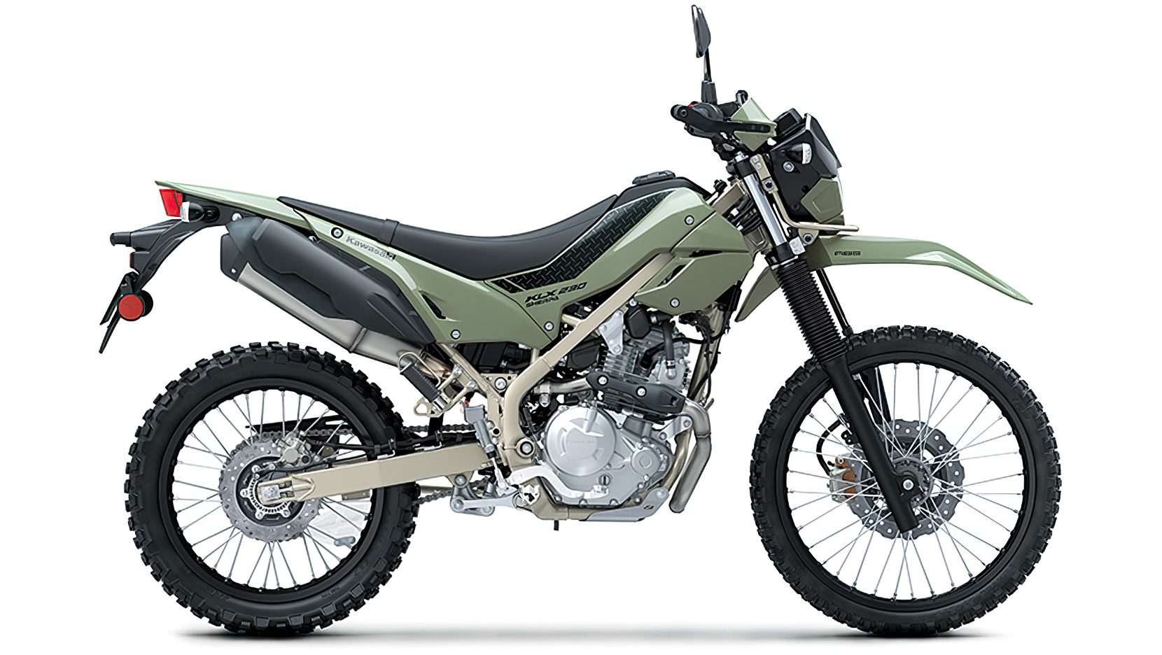 La Kawasaki KLX230 Sherpa es una todoterreno robusta con un diseño aventurero.