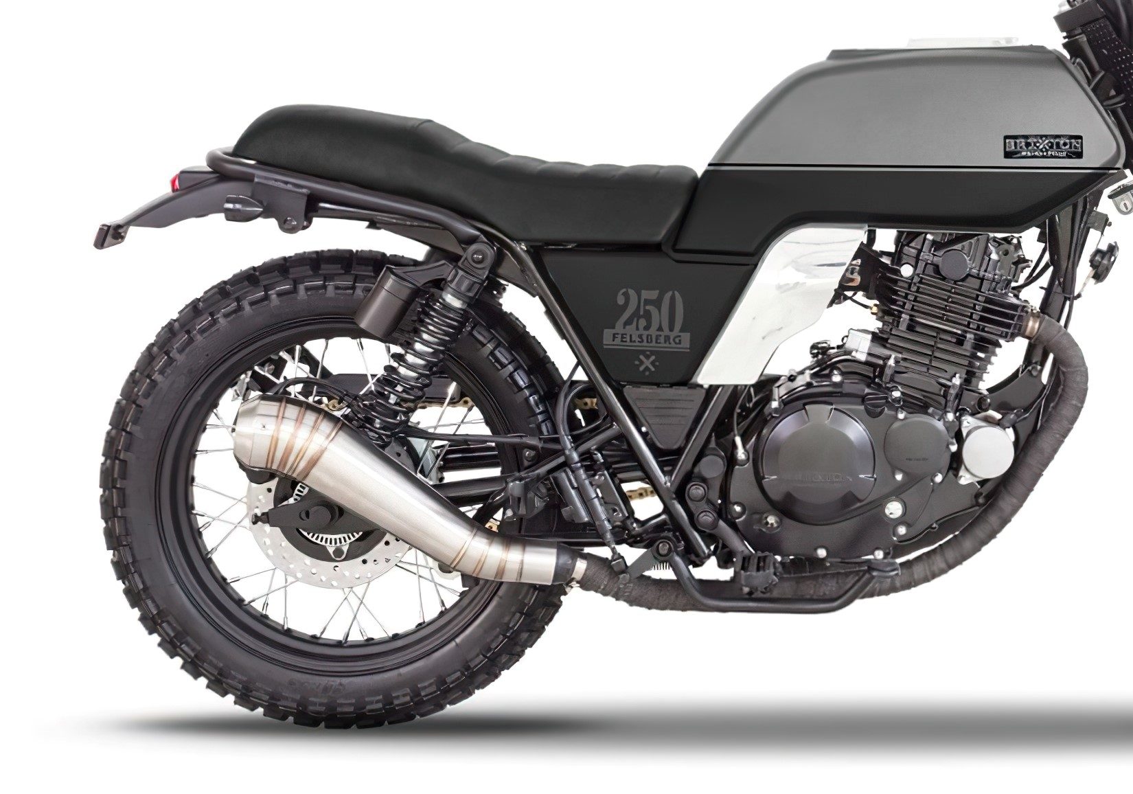 Vista lateral y trasera del Brixton Felsberg 250, destacando su diseño robusto.