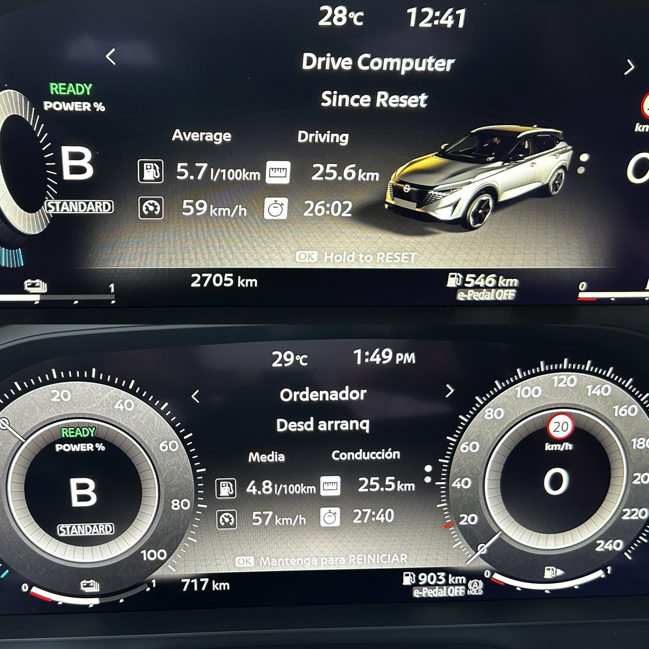 La instrumentación del Nissan Qashqai e-Power muestra datos de consumo y rendimiento.