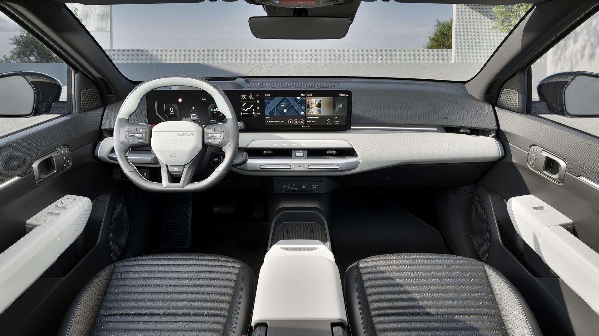 Interior del Kia EV4 con diseño moderno y espacio amplio.