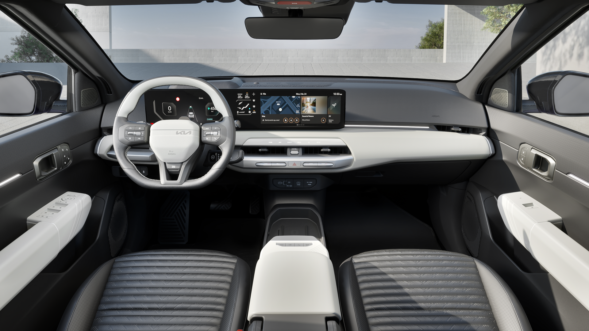 El interior del Kia EV4 presenta un diseño moderno y techado.