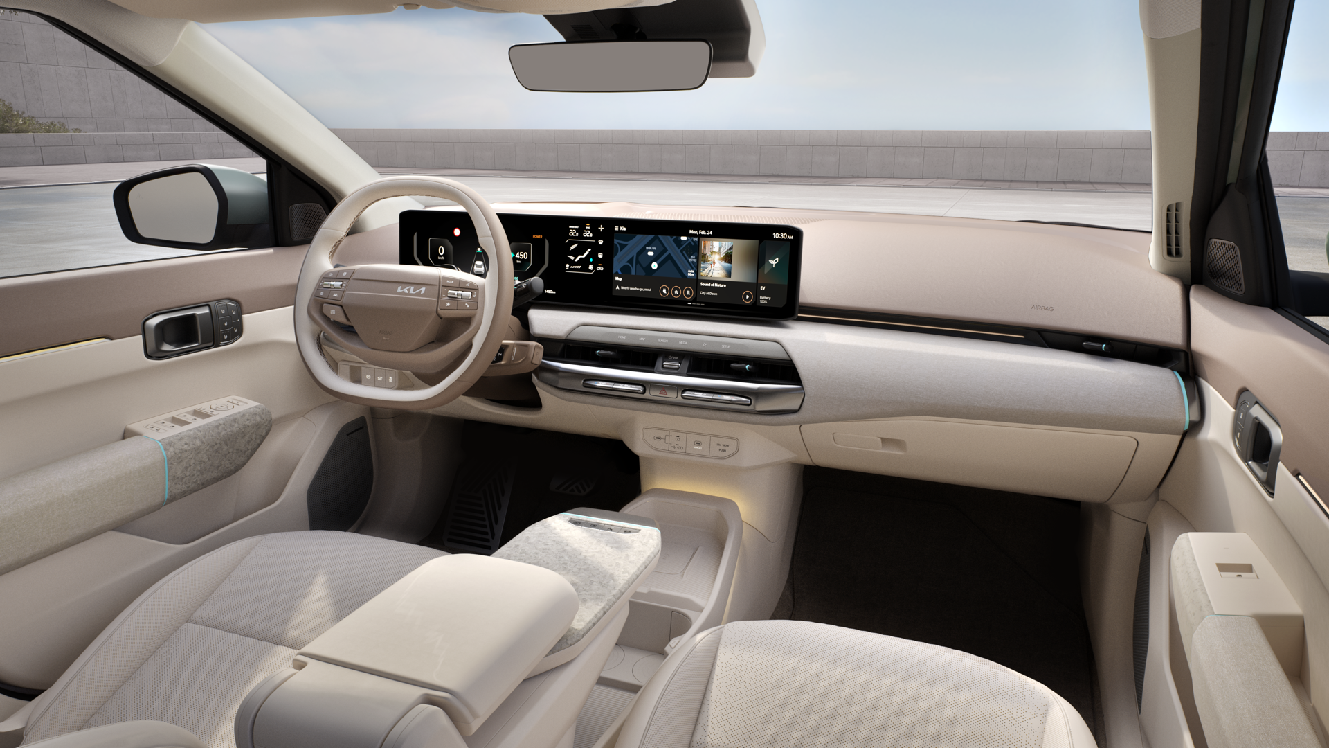 Interior del Kia EV4, con diseño moderno y acabados de alta calidad.