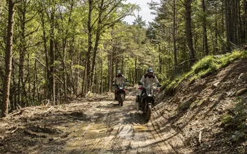 Los pilotos disfrutan de la Macbor Montana XR1 EVO en un camino forestal.