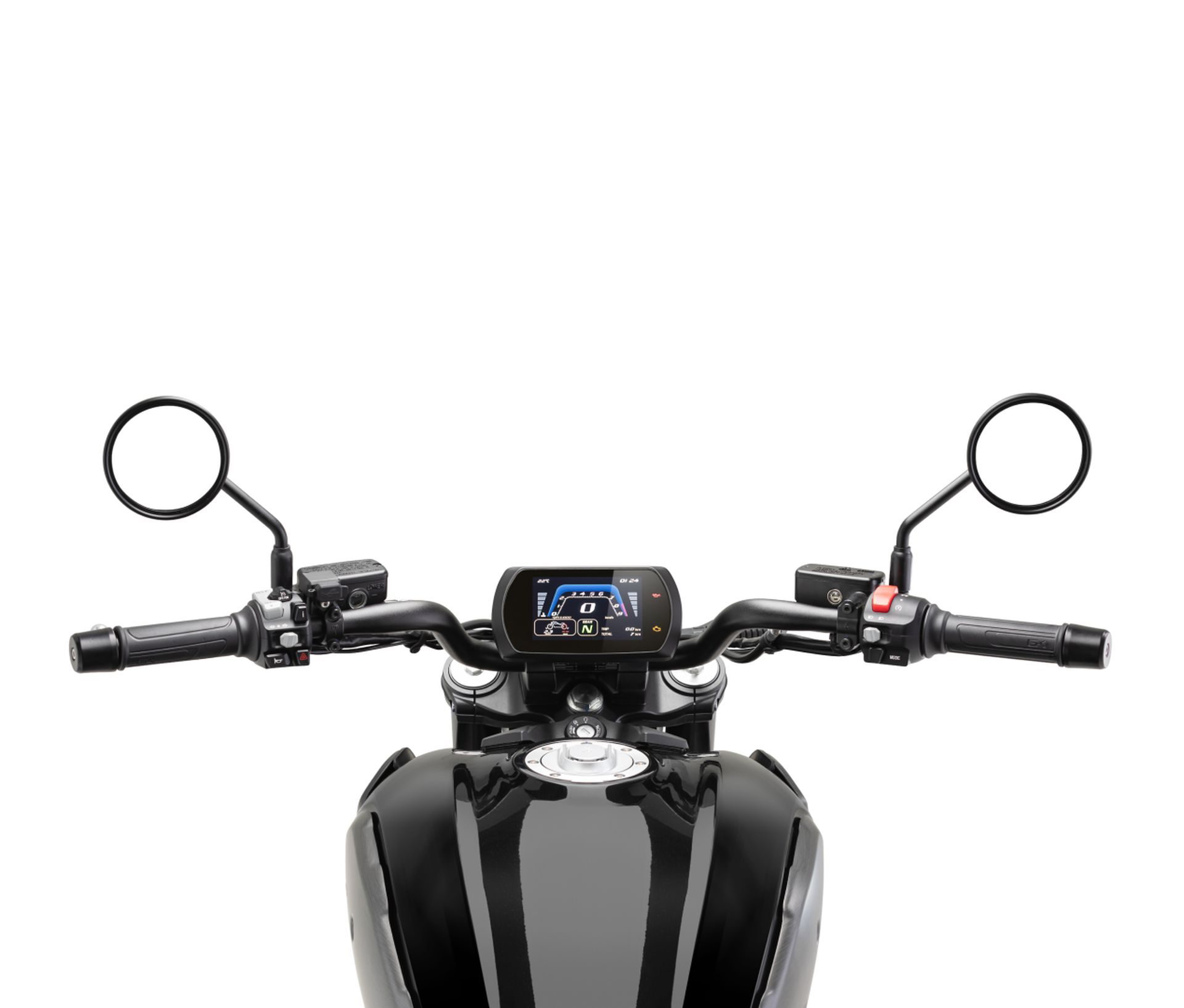 Vista del manillar y cuadro de instrumentos de la custom V-twin, lista para rugir.