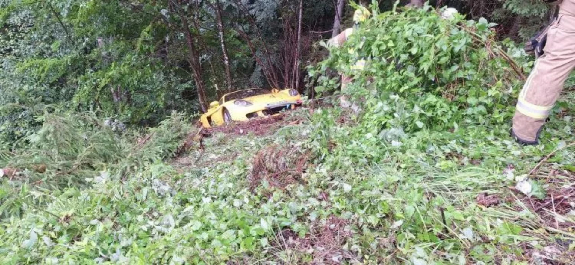 Un Porsche Carrera GT accidentado en el bosque, visible entre la vegetación.