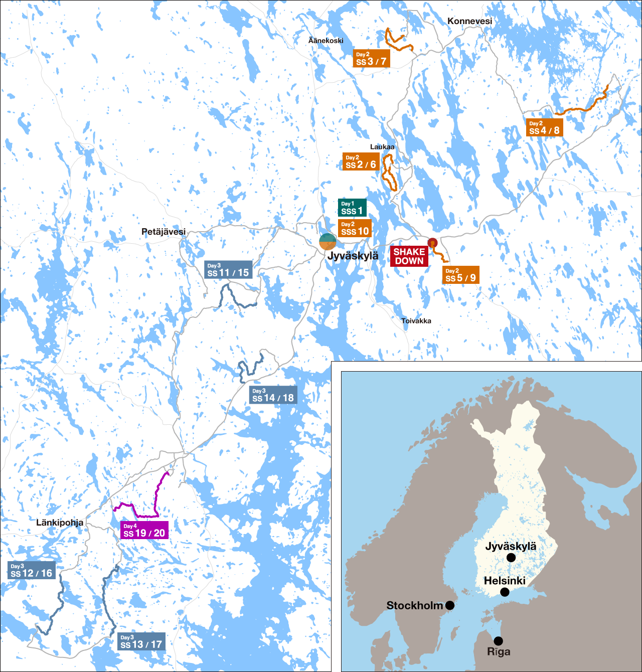 Mapa del Rally de Finlandia 2025 con las etapas señaladas.
